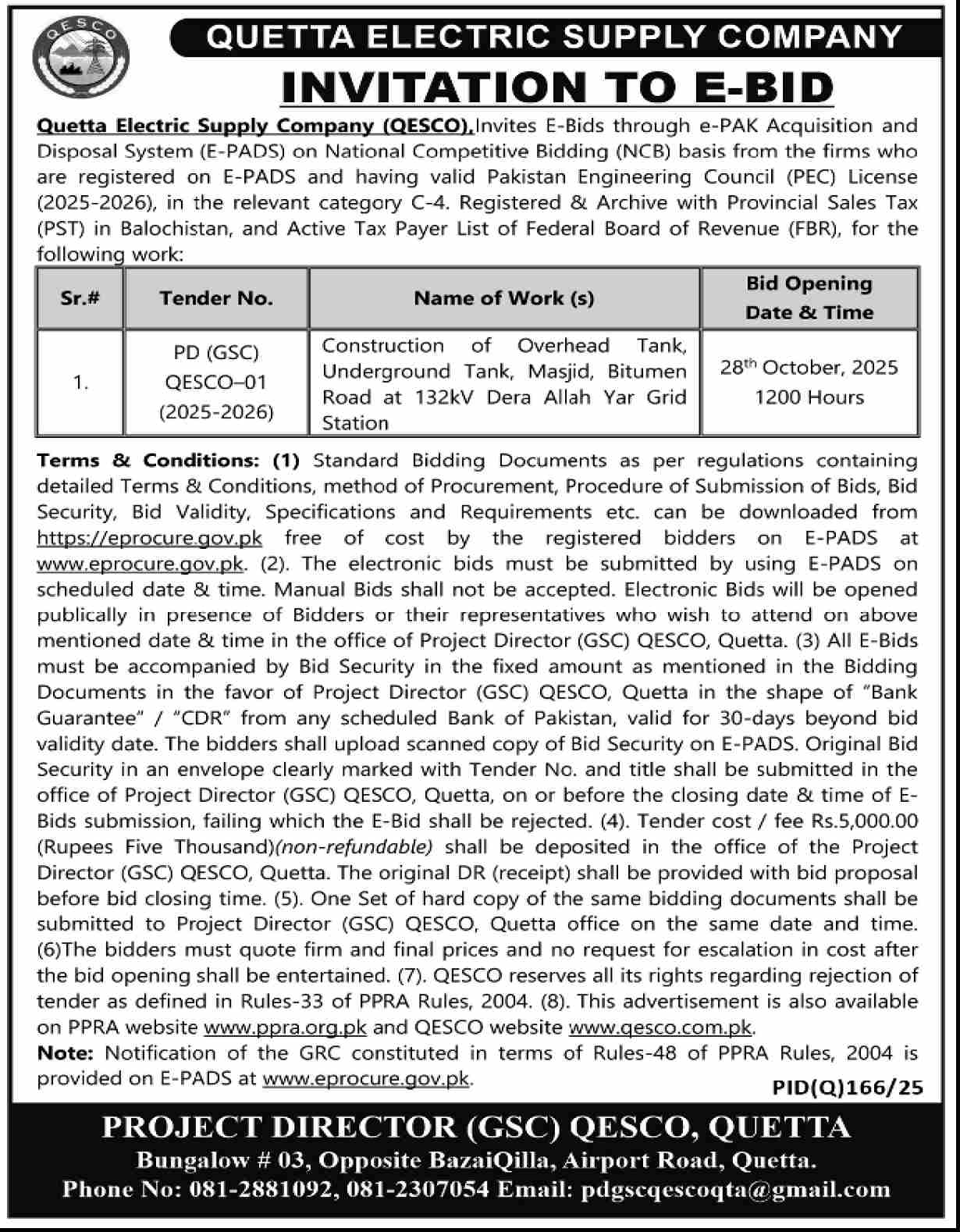 Quetta Electric Supply Company Limited Tender Notice 1